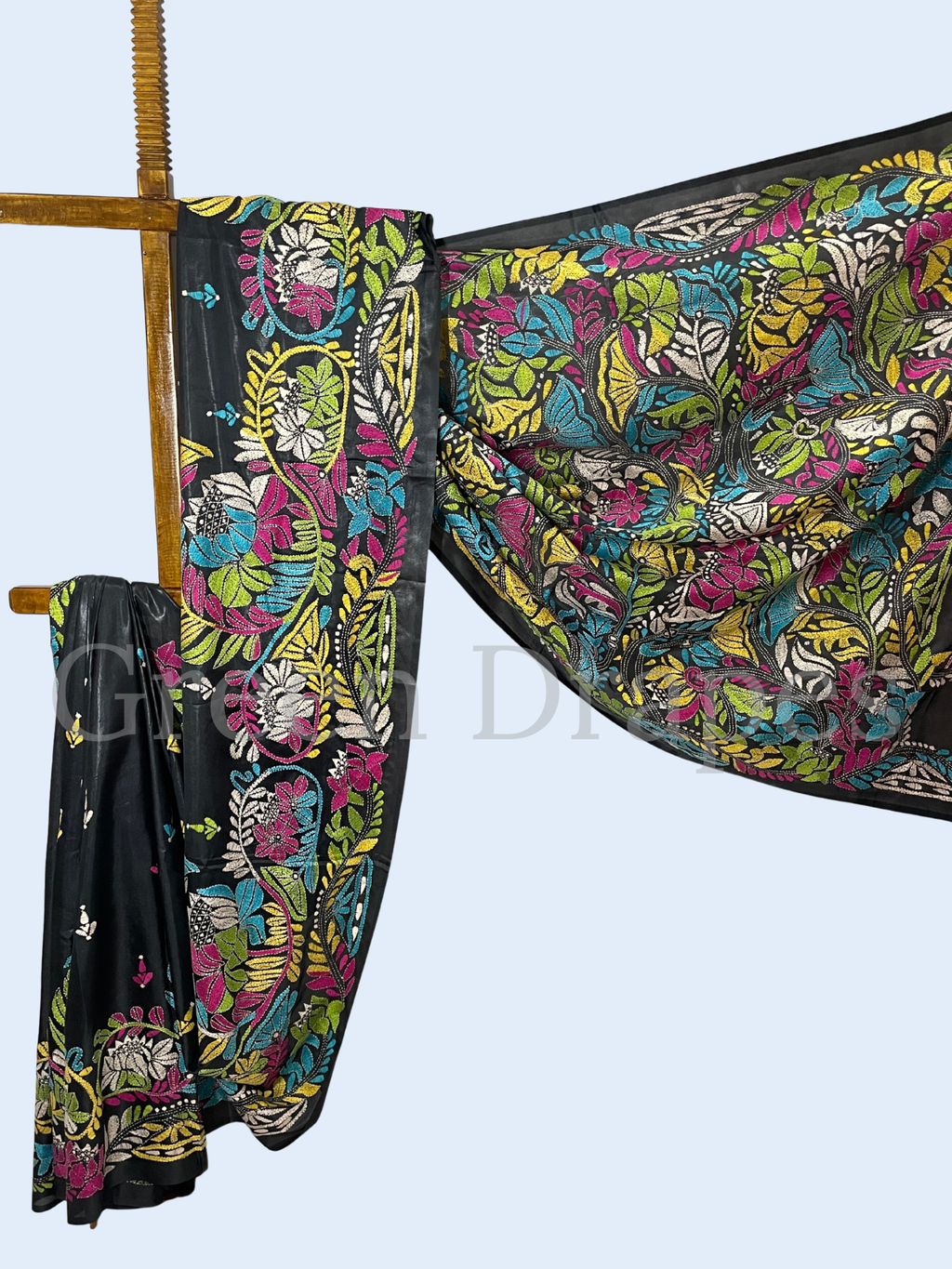 Handcrafted Black Kantha Stitch Silk Saree – Multicolour Floral Embroidery | Bengal Kantha Saree