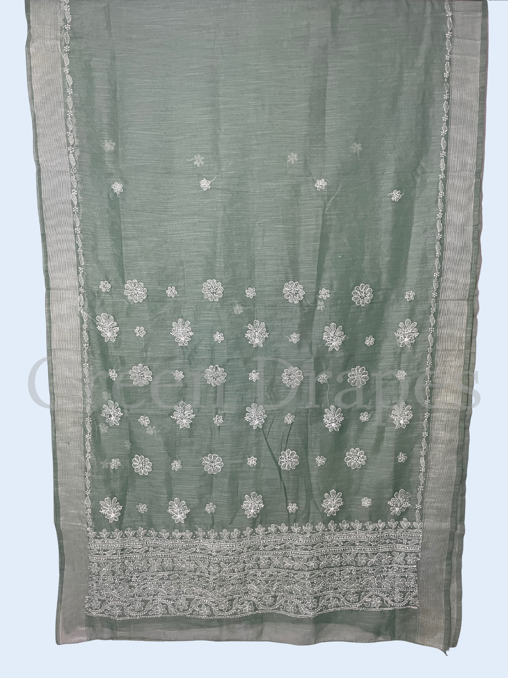 Handcrafted Dusty Mint Green Chikankari Organza Saree – White Floral Buti & Heavy Embroidered Border | Lucknowi Chikan Saree