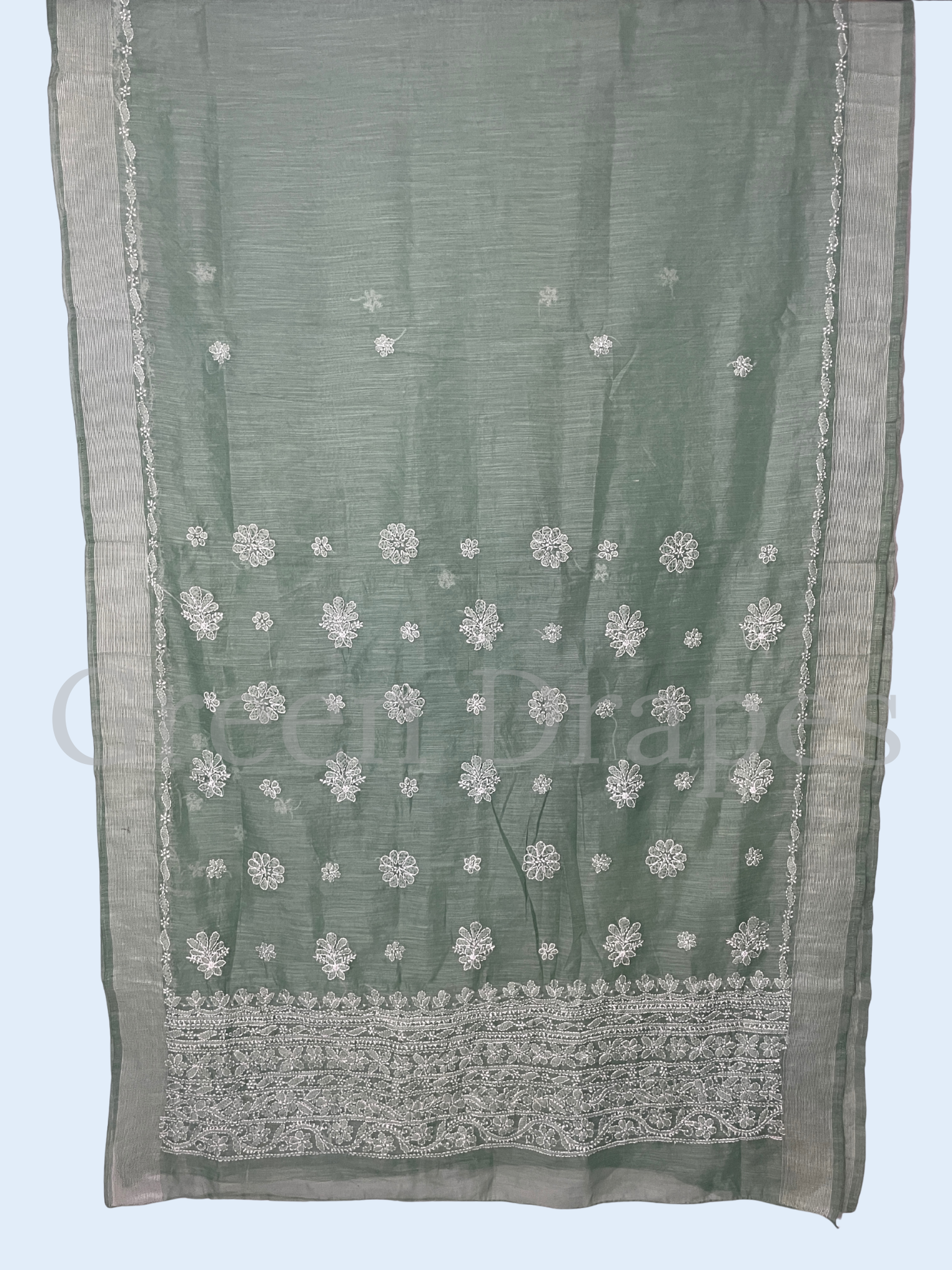 Handcrafted Dusty Mint Green Chikankari Organza Saree – White Floral Buti & Heavy Embroidered Border | Lucknowi Chikan Saree