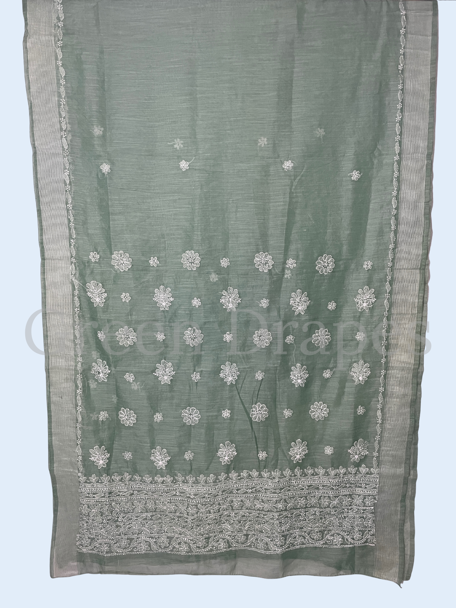 Handcrafted Sage Green Chikankari Organza Saree – White Floral Buti & Heavy Embroidered Border | Lucknowi Chikan Saree