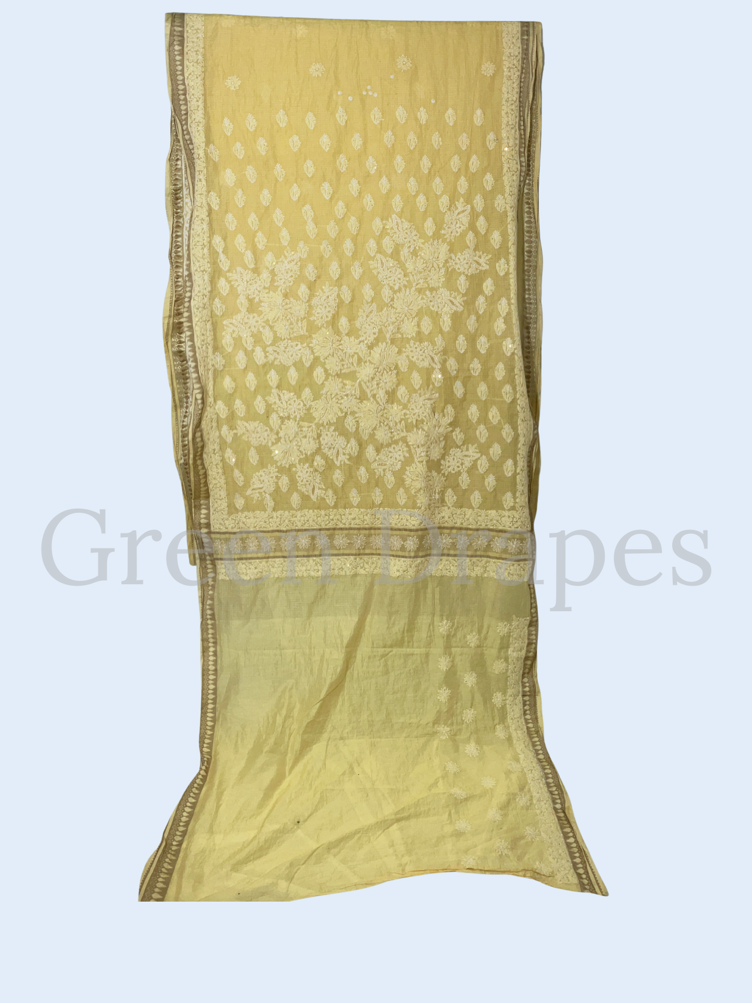 Handcrafted Pastel Beige Chikankari Organza Saree – White Floral Thread Embroidery | Lucknowi Chikan Saree