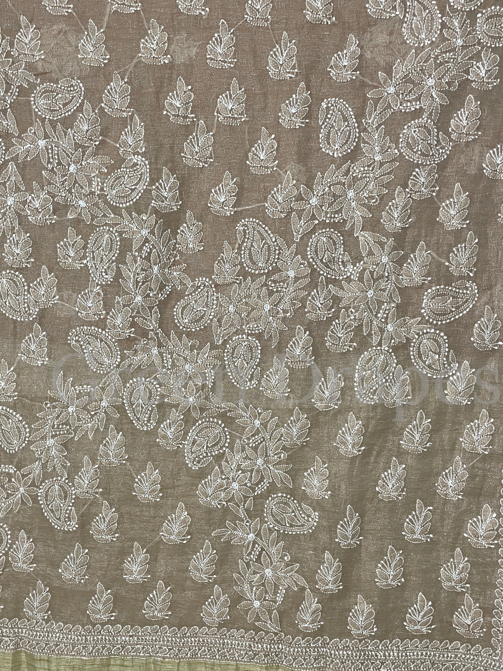 Handcrafted Taupe Brown Chikankari Organza Saree – White Paisley & Floral Jaal Embroidery | Lucknowi Chikan Saree