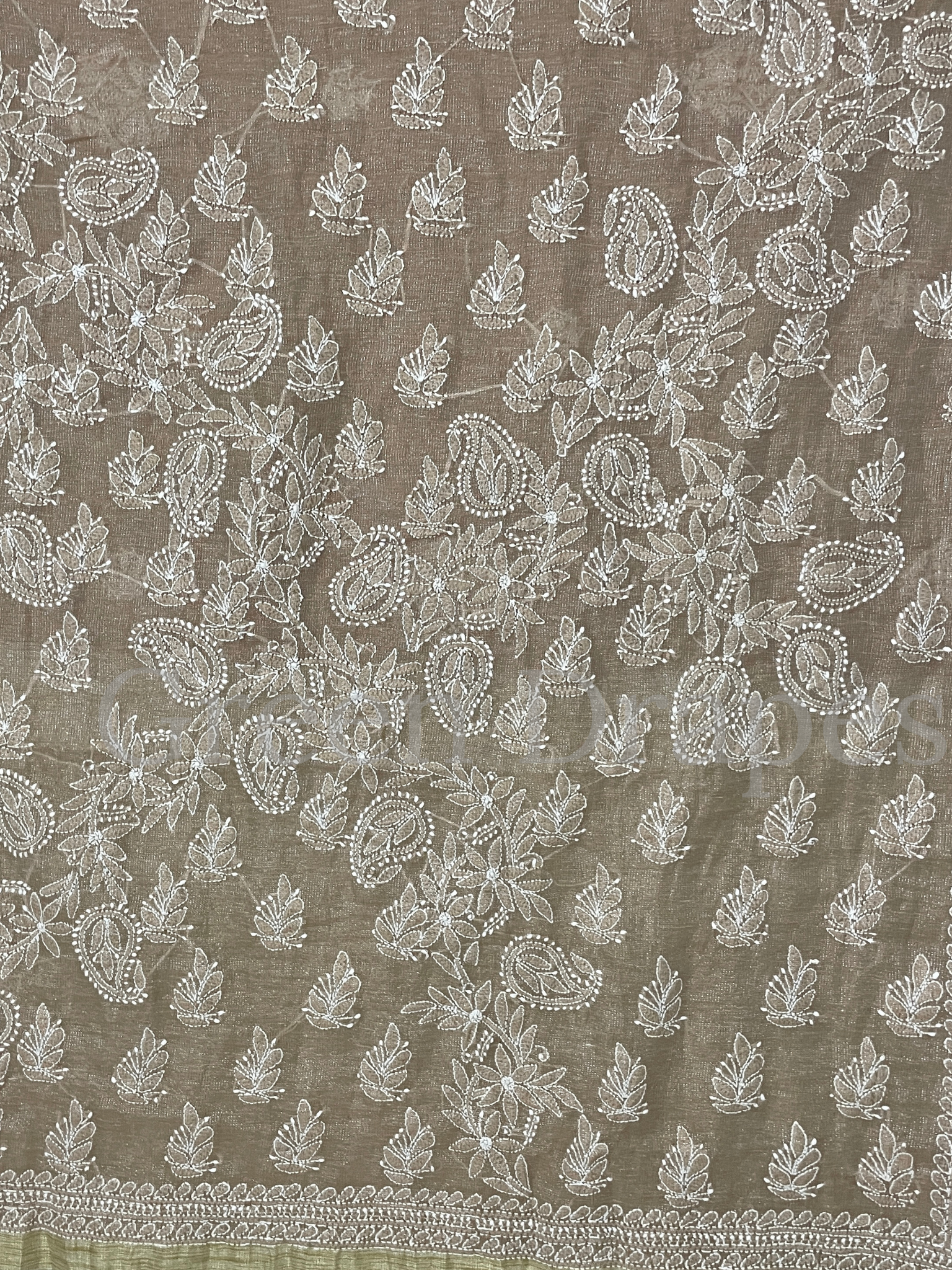 Handcrafted Taupe Brown Chikankari Organza Saree – White Paisley & Floral Jaal Embroidery | Lucknowi Chikan Saree