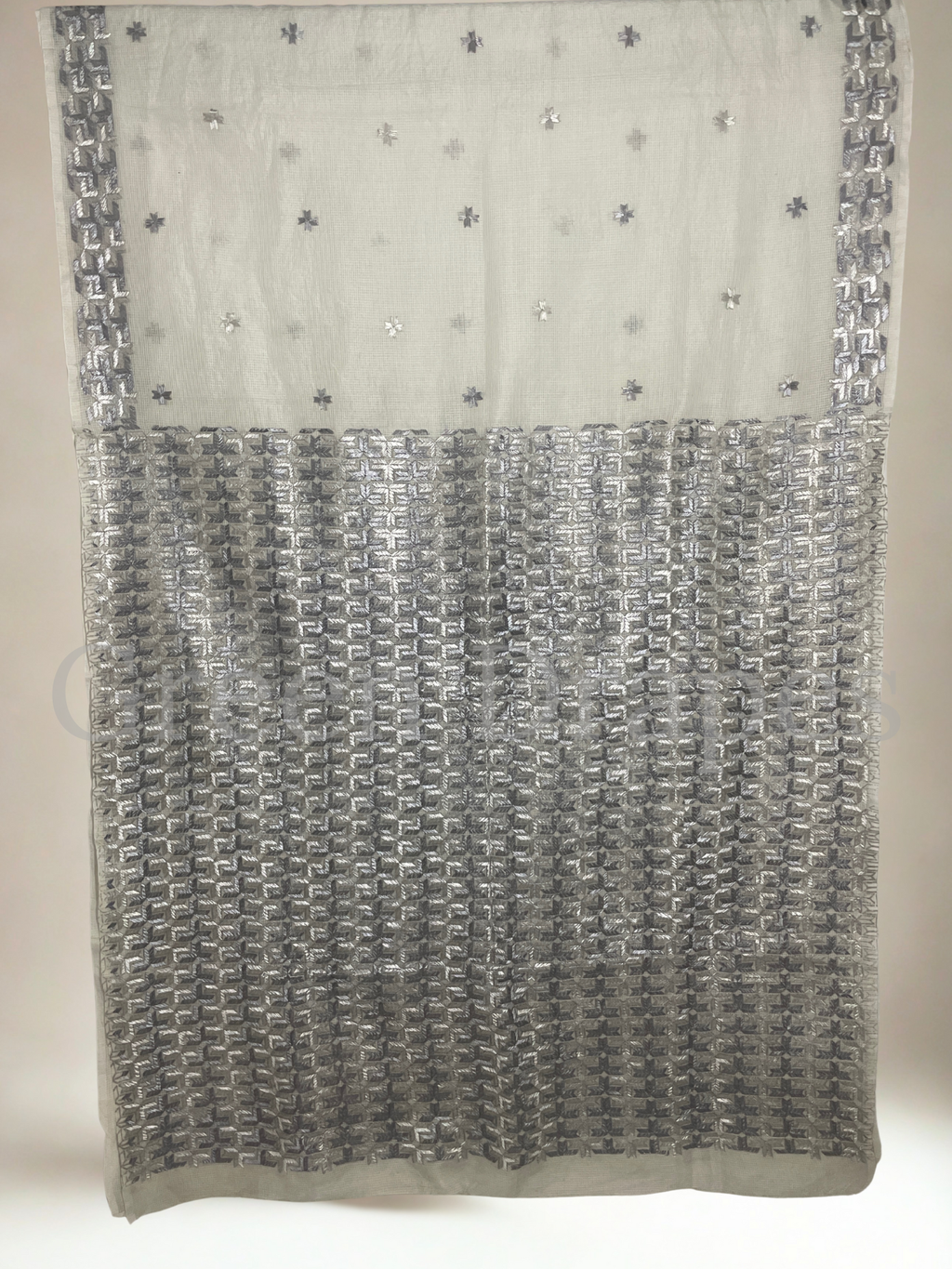 Silver Grey Phulkari Embroidered Kota Doria Saree