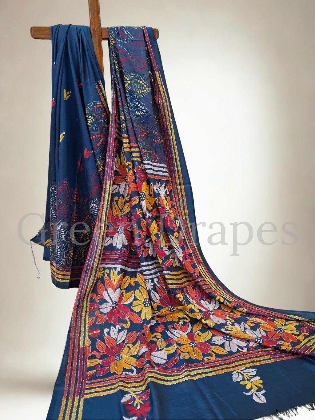 Kantha Style Floral Embroidered Art Silk Saree — Deep Blue Base