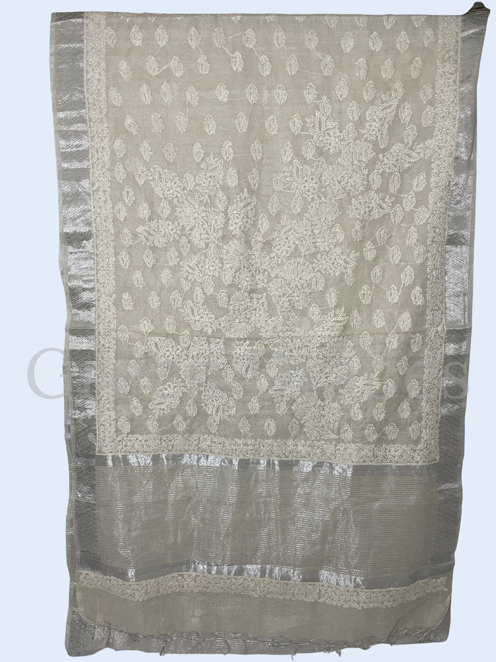 Handcrafted Ivory Chikankari Organza Saree – White Thread Work & Woven Border | Lucknowi Chikan Saree