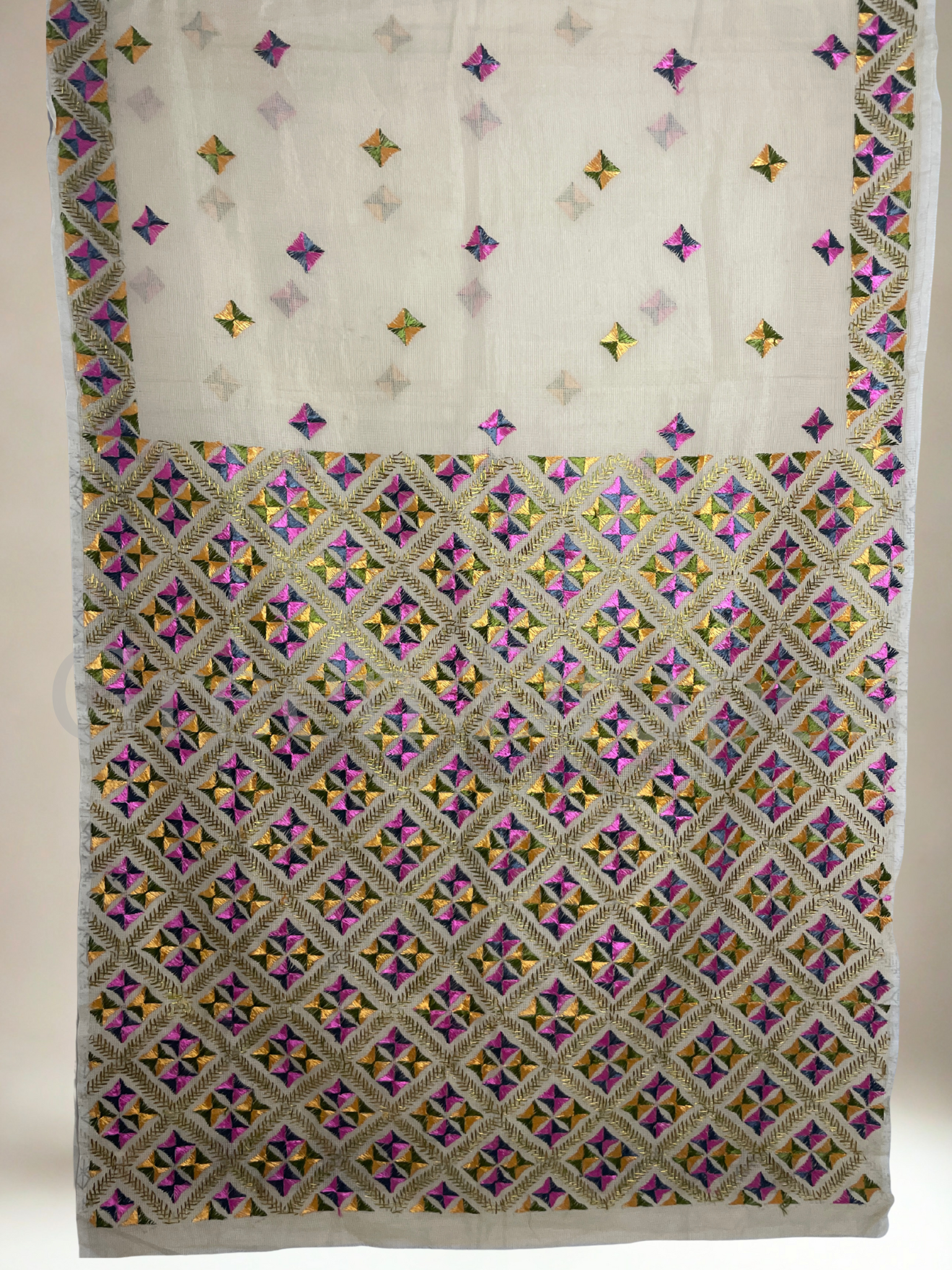 Cream Kota Doria Saree with Olive Green, Pink, Yellow & Mehendi Green Phulkari Embroidery