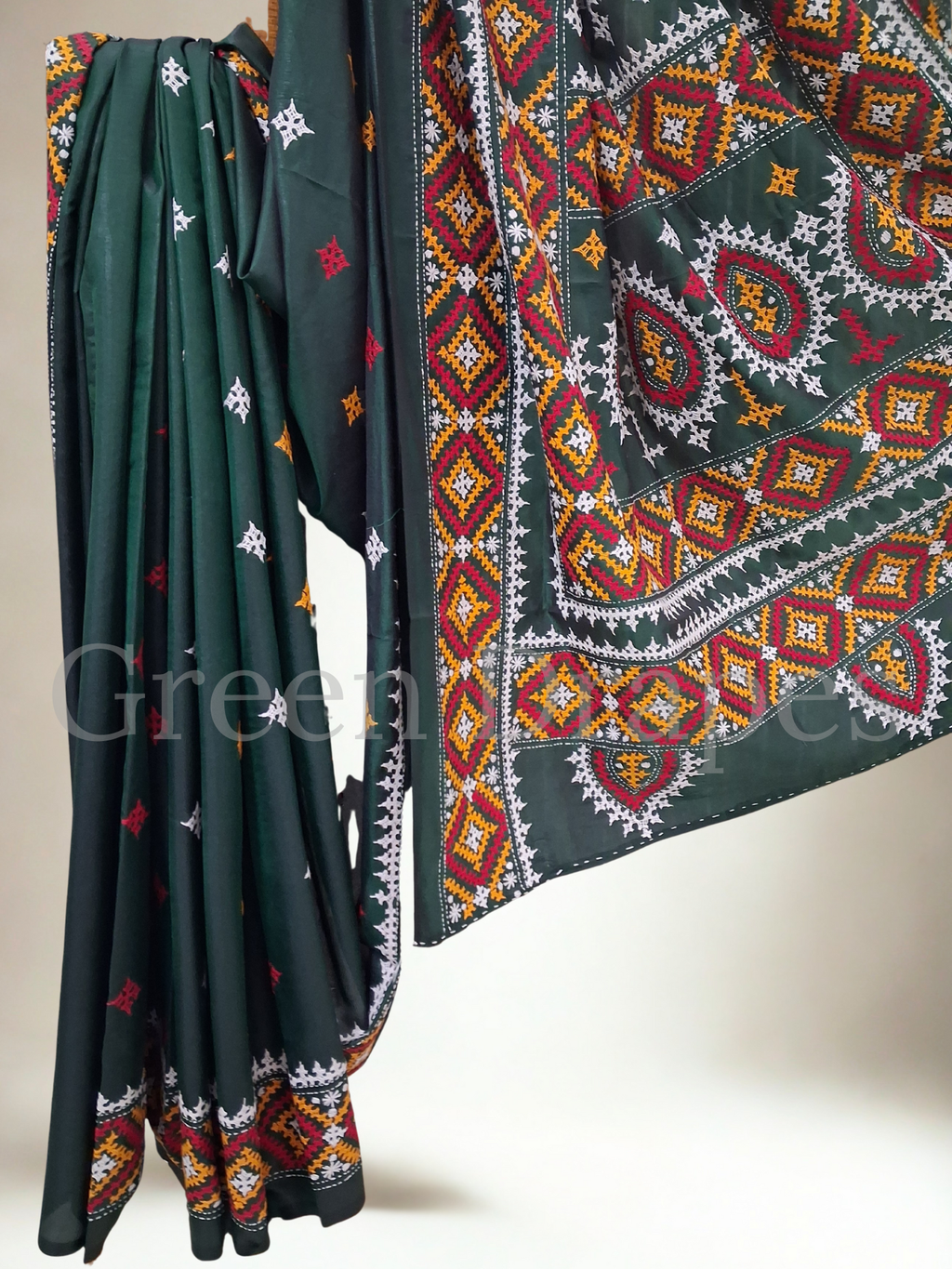 Gujarati Embroidered Blended Bangalore Silk Saree — Deep Green Multicolour