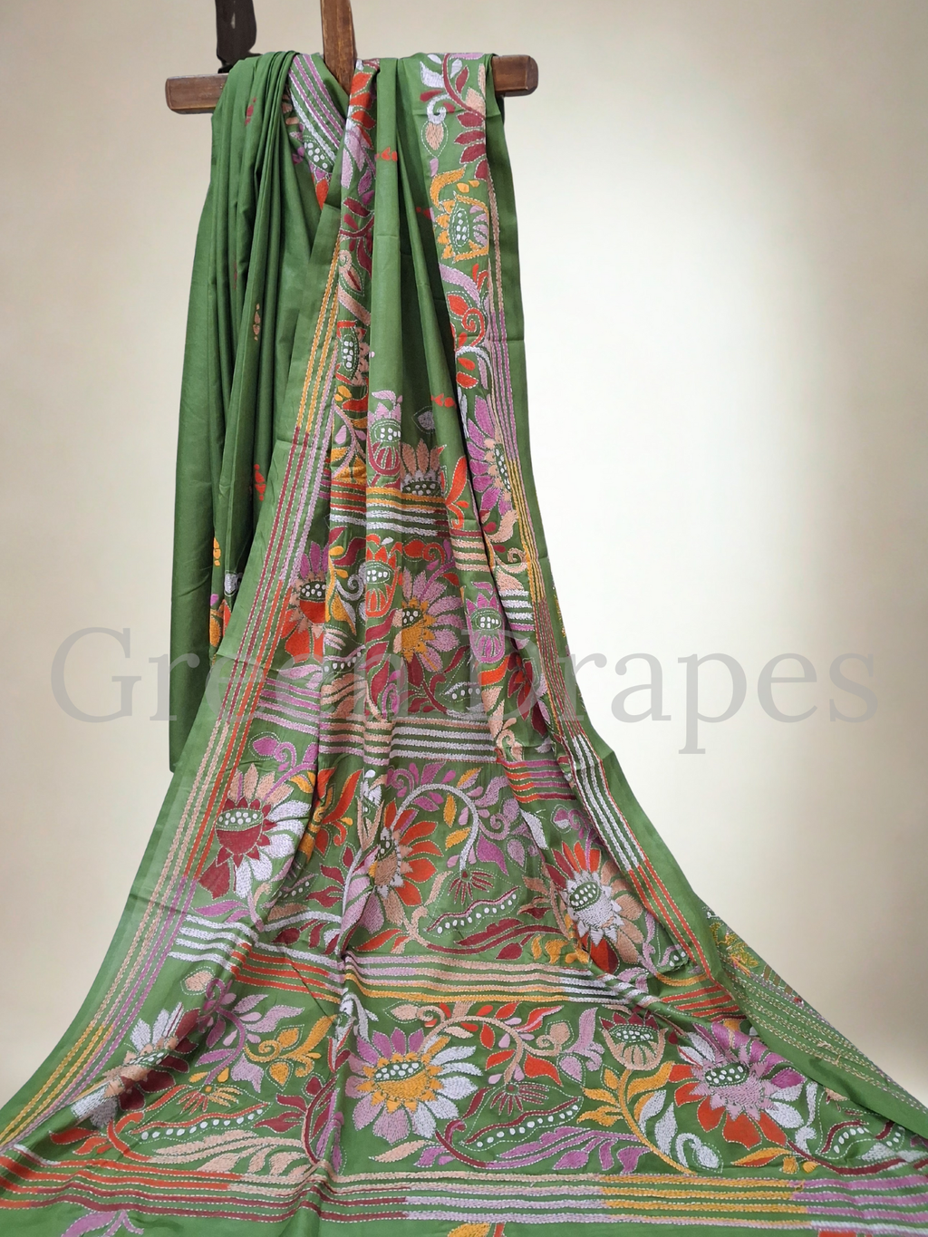 Kantha Style Multicolour Floral Embroidered Art Silk Saree — Olive Green Base