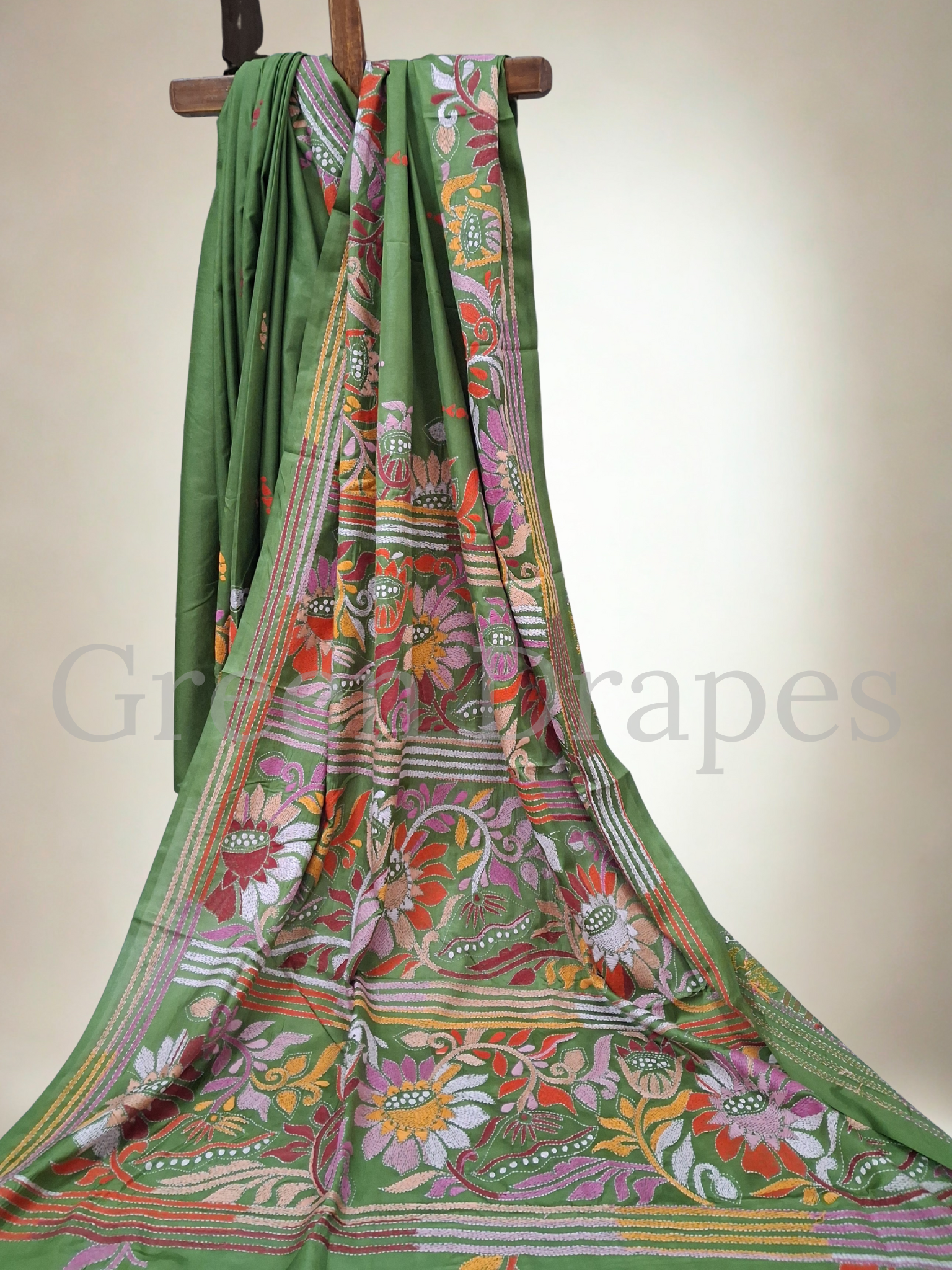 Kantha Style Multicolour Floral Embroidered Art Silk Saree — Olive Green Base