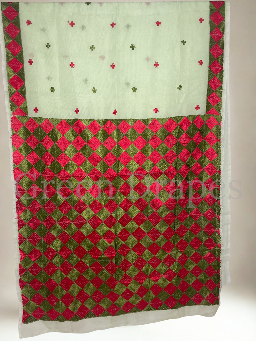 Green Kota Doria Saree with Red and Green Phulkari Geometric Work | Lightweight Festive Wear