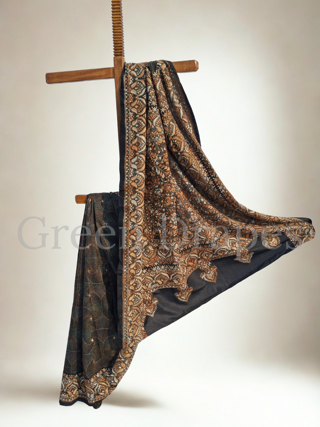 Pre-Loved Silk Kantha Saree — Black Base with Rust & Ivory Hand-Embroidered Floral Panels