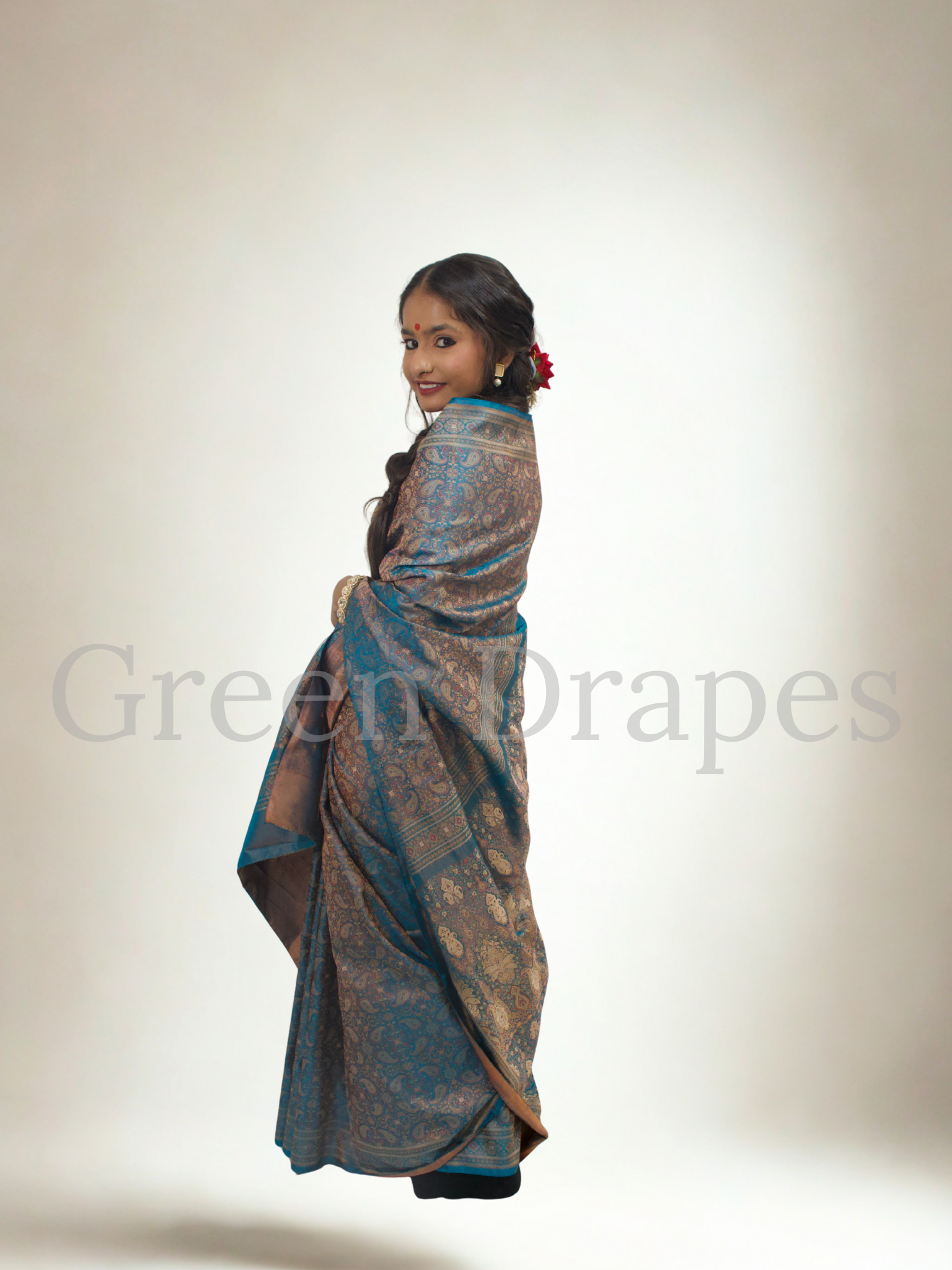 Pre-Loved Silk Saree — Teal Blue & Antique Bronze All-Over Paisley Jaal with Ornate Pallu