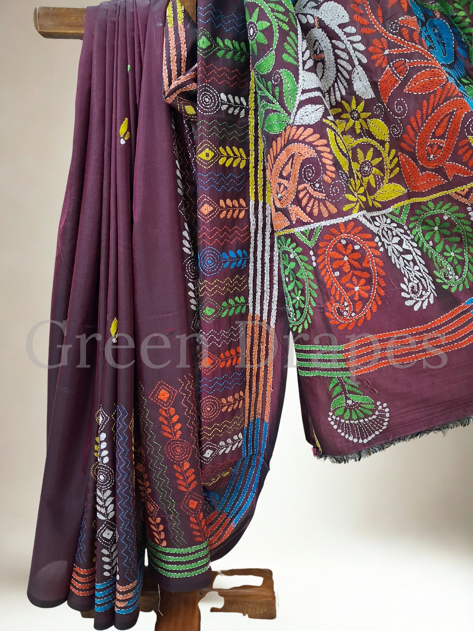 Handcrafted Kantha Saree – Deep Wine Base with Multicolour Embroidery