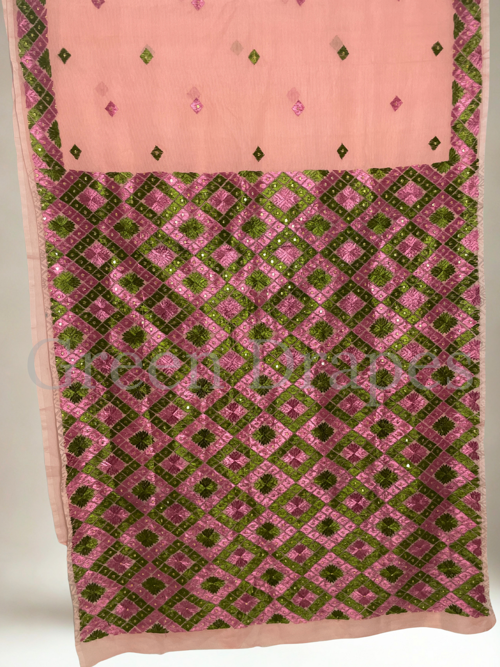 Pink & Green Phulkari Embroidered Kota Doria Saree | Lightweight Festive Wear