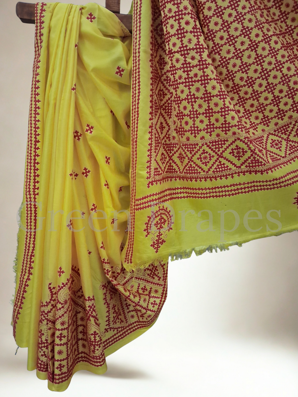 Gujarati Embroidered Blended Bangalore Silk Saree — Yellow & Red