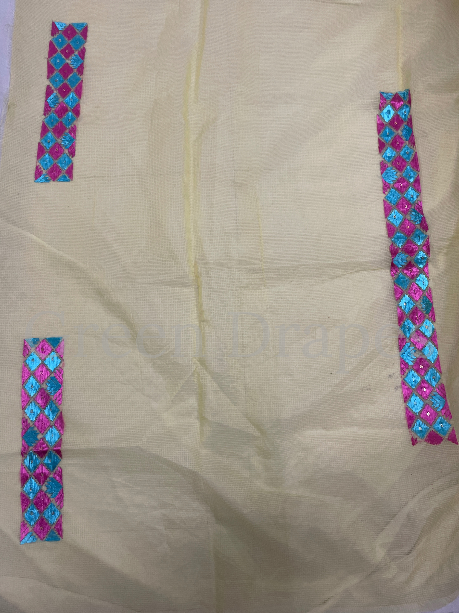 Heavy Phulkari Embroidered Kota Doria Saree – Sunshine Yellow