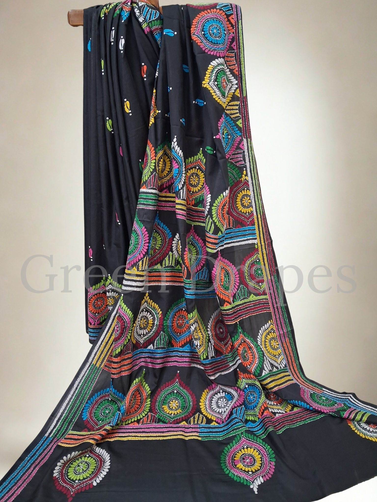 Kantha Style Multicolour Embroidered Art Silk Saree — Black Base