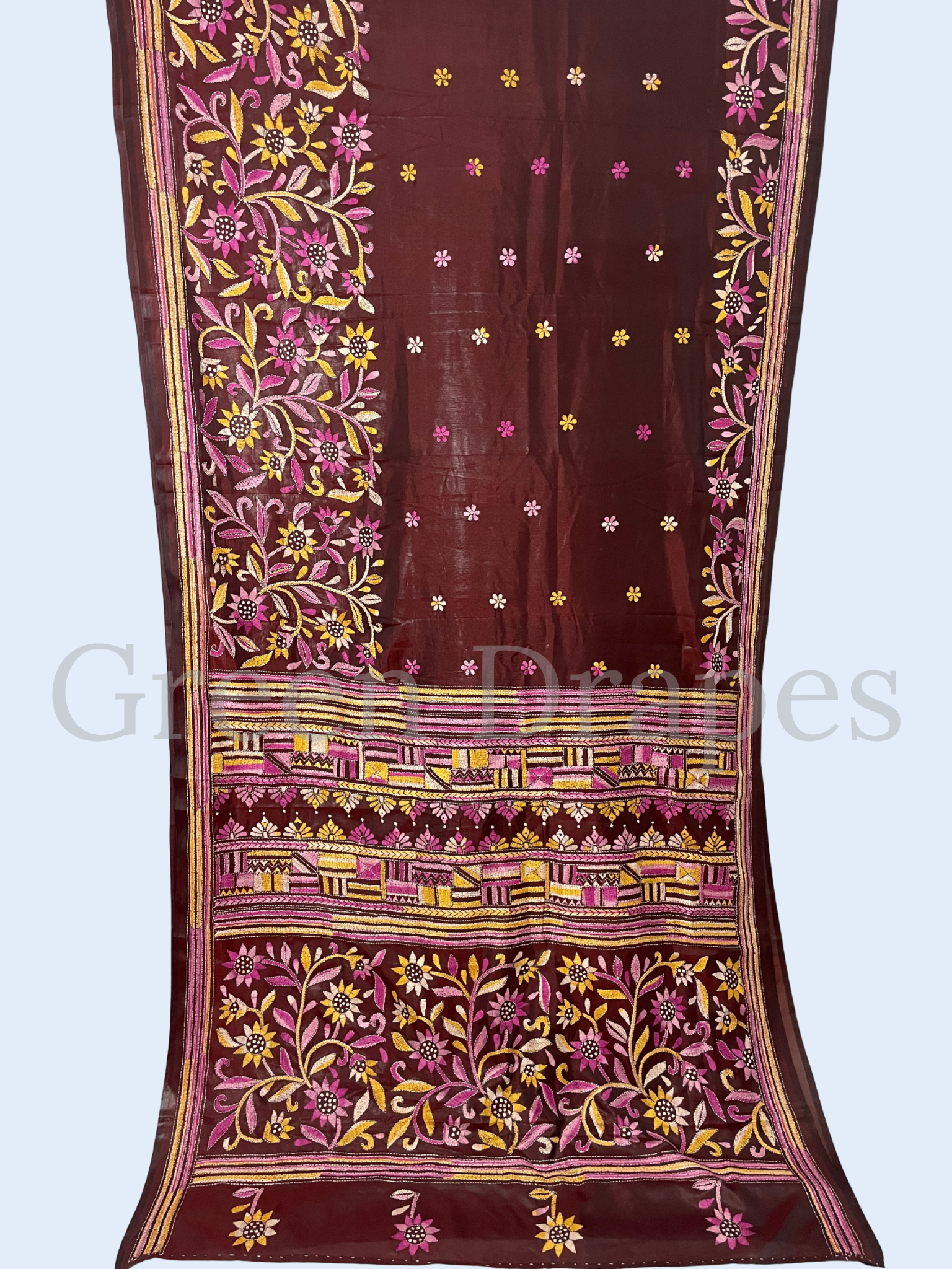 Hand Embroidered Maroon Kantha Stitch Silk Saree – Multicolour Floral & Geometric Thread Work | Bengal Heritage Saree