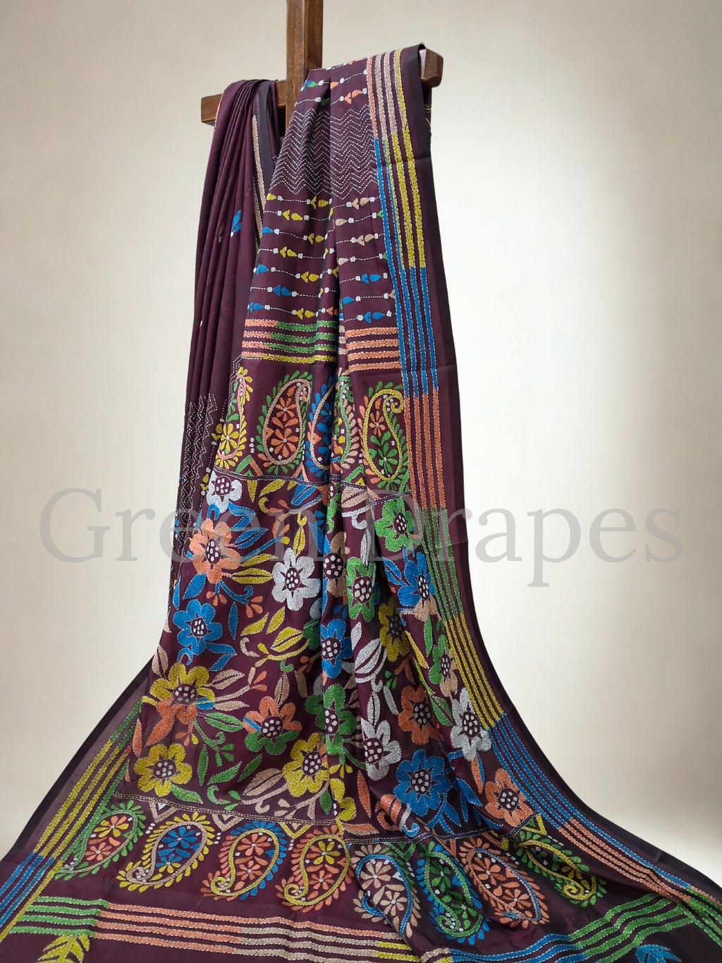 Hand-Embroidered Kantha Saree — Wine / Plum Base