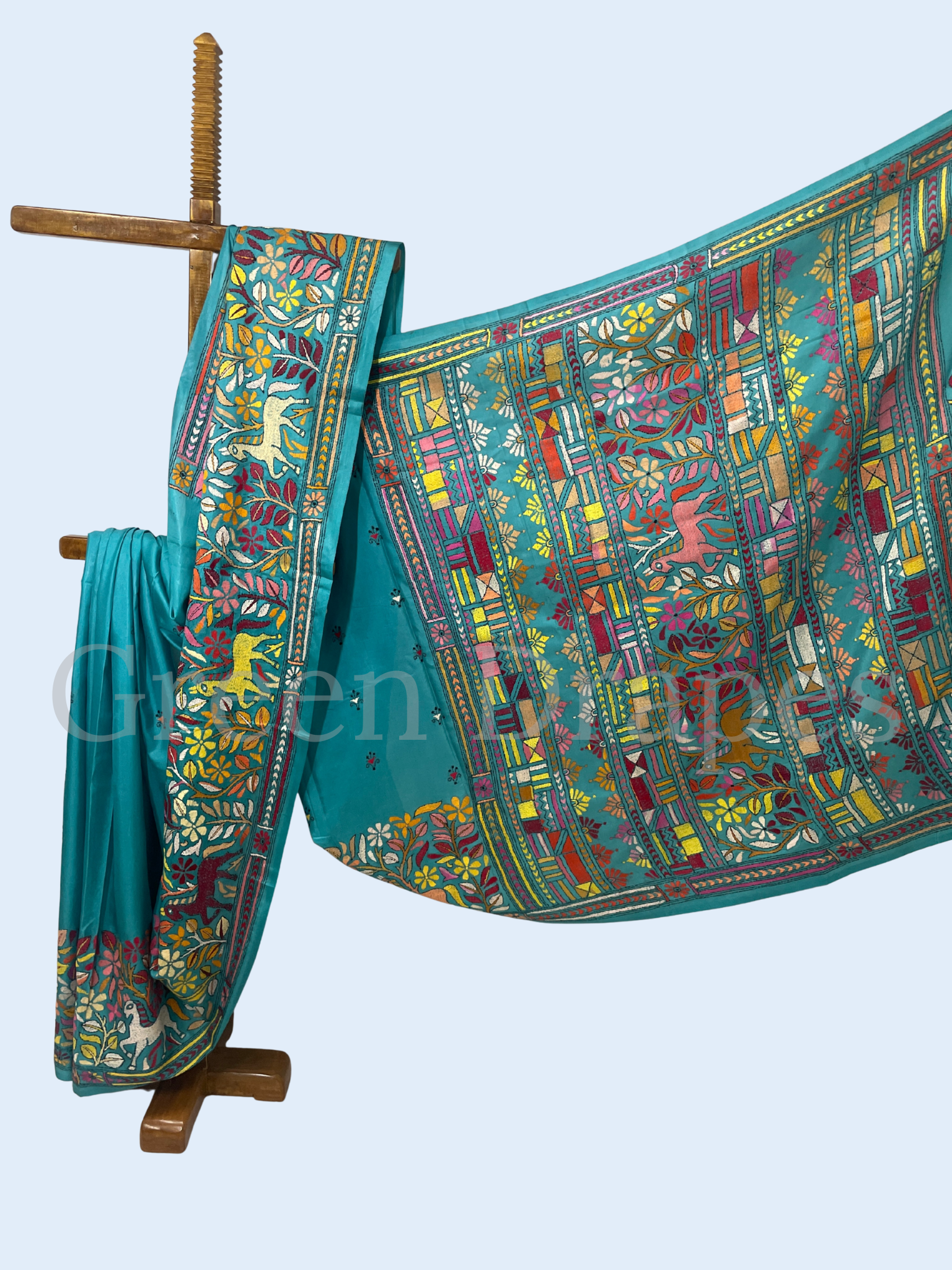 Handcrafted Turquoise Kantha Stitch Silk Saree – Multicolour Folk Art Embroidery | Bengal Heritage Saree