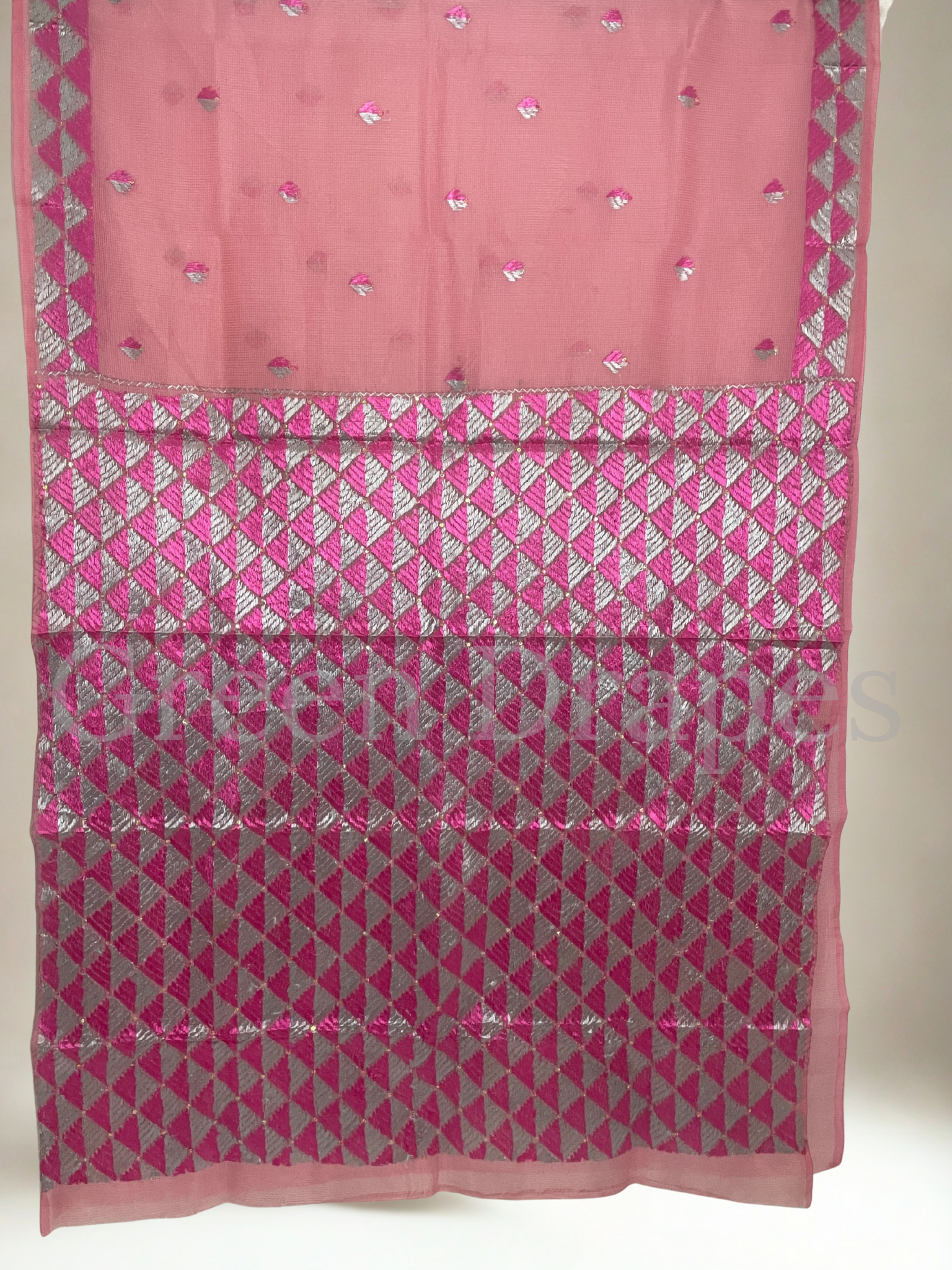 Pink Kota Doria Saree with Pink-Silver Phulkari Embroidery | Lightweight Festive Wear