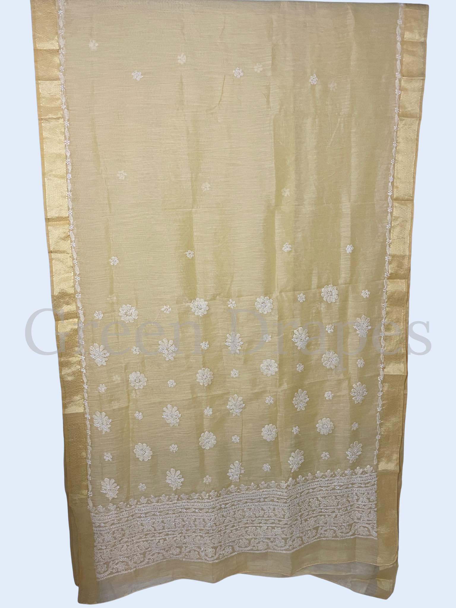 Handcrafted Pastel Yellow Chikankari Organza Saree – White Floral Buti & Heavy Embroidered Border | Lucknowi Chikan Saree