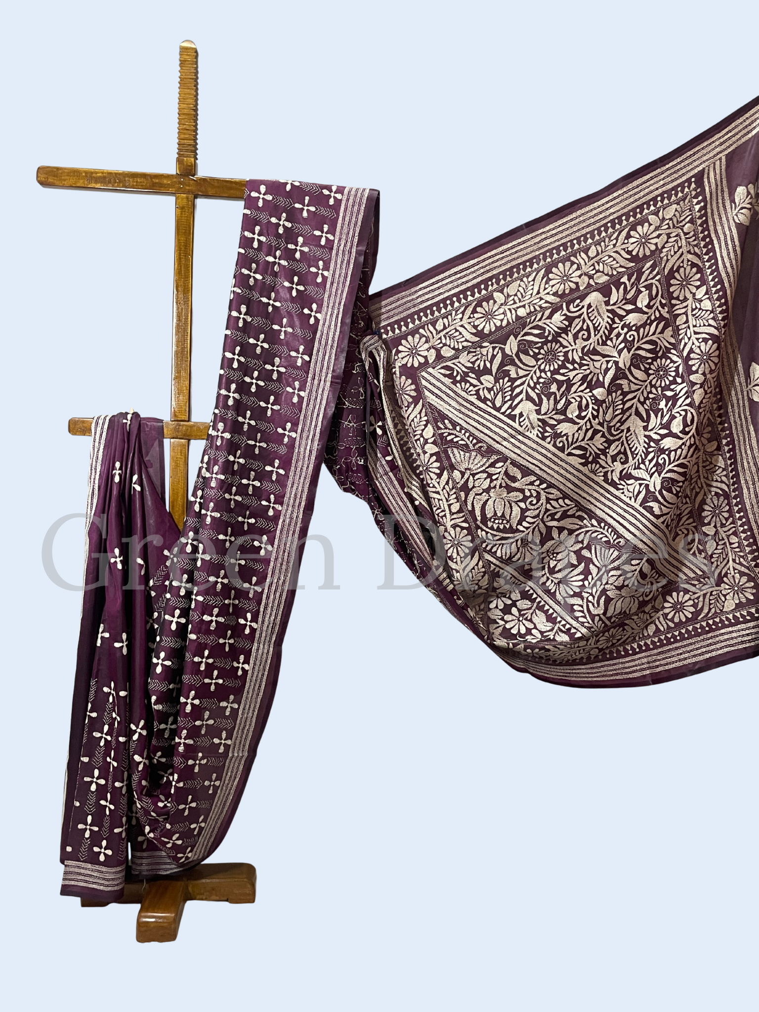 Hand Embroidered Plum Purple Kantha Stitch Silk Saree – Bengal Floral Motif Saree | Traditional Kantha Work