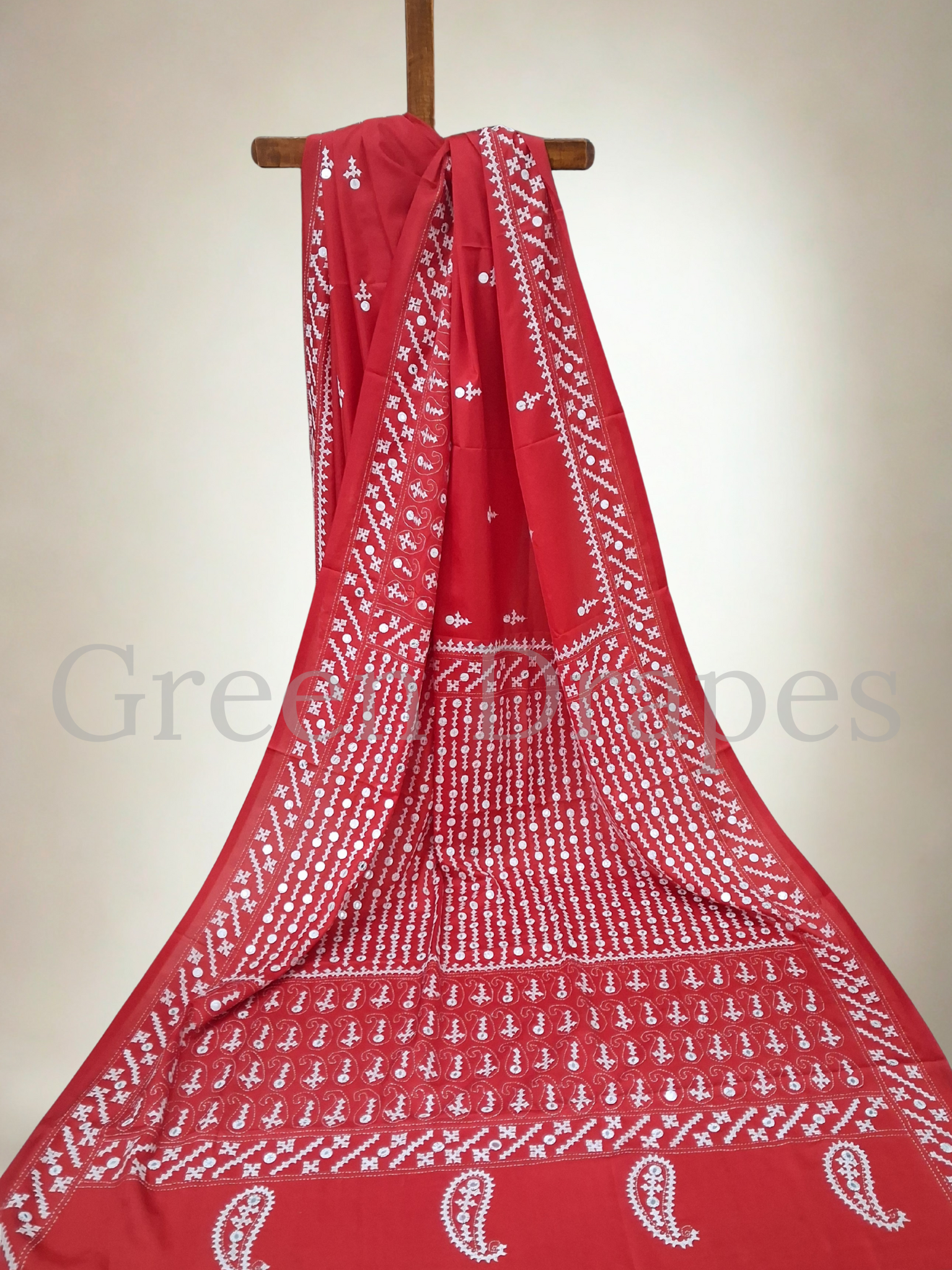 Gujarati Embroidered Art Silk Saree with Mirror Work — Red & White