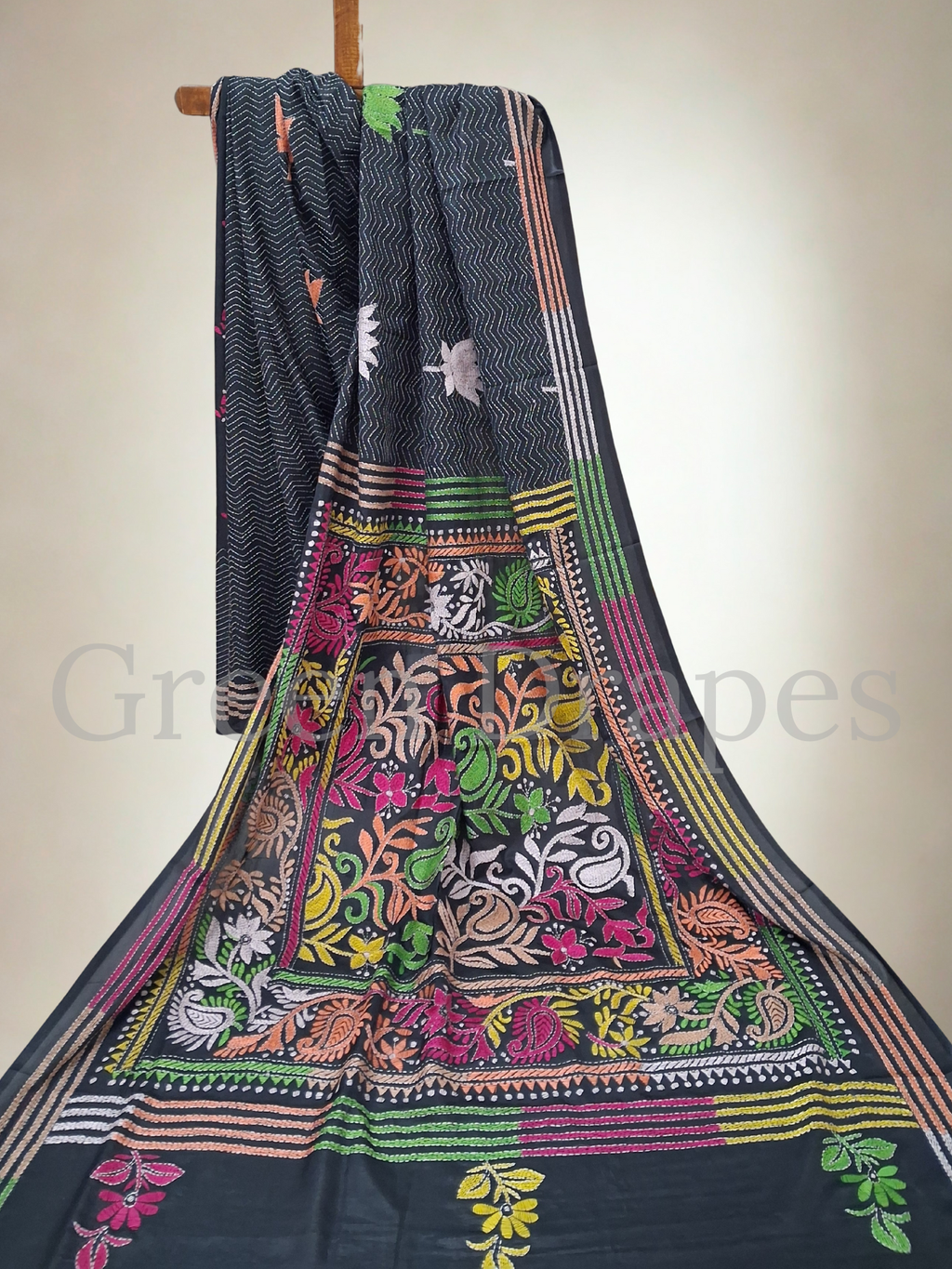 Kantha Style Floral Embroidered Art Silk Saree — Black Base