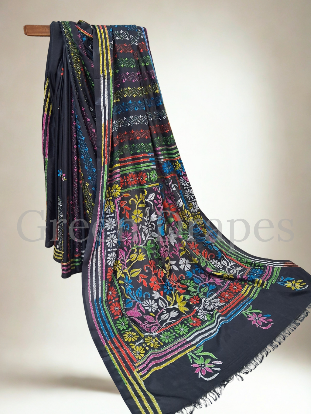 Kantha Style Multicolour Embroidered Art Silk Saree — Black Base