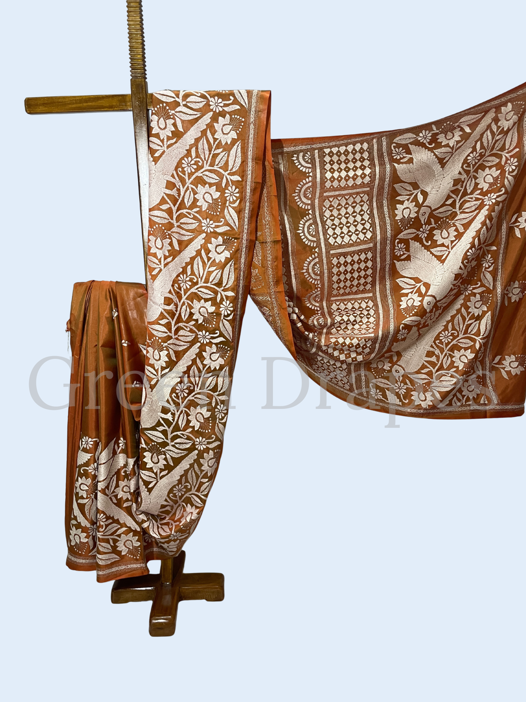 Hand Embroidered Rust Brown Kantha Stitch Silk Saree – Ivory Floral & Bird Thread Work | Bengal Heritage Saree