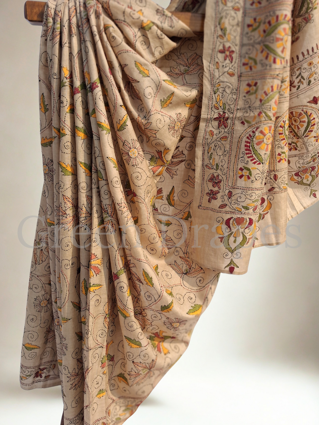 Pre-Loved Silk Kantha Saree — Beige Base with Multicolour Hand Embroidery
