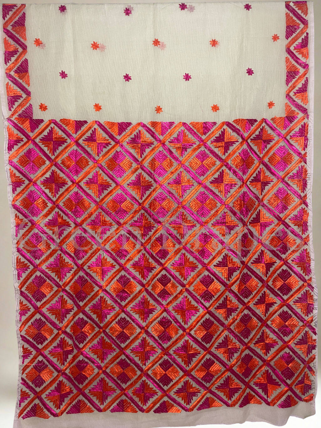 Handcrafted Phulkari Embroidered Kota Doria Saree- fresh Lime Green