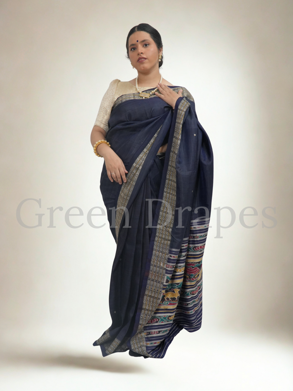 Pre-Loved Odisha Ikat Silk Saree — Ink Blue Body with Zari Border & Traditional Ikat Pallu