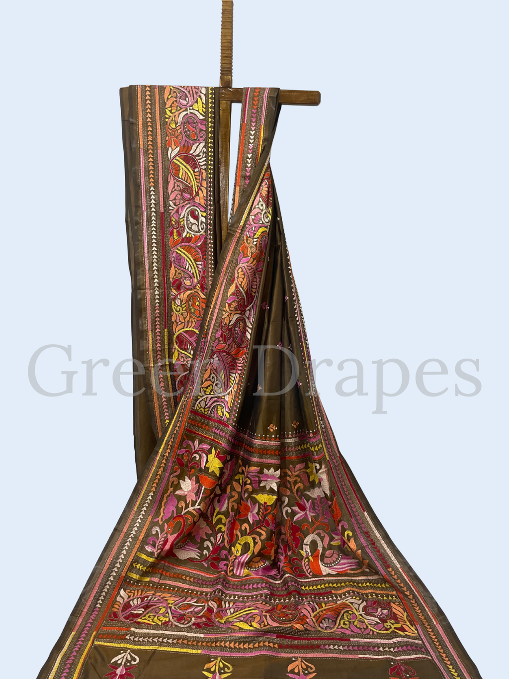 Hand Embroidered Olive Green Kantha Stitch Silk Saree – Multicolour Floral & Paisley Thread Work | Bengal Heritage Saree