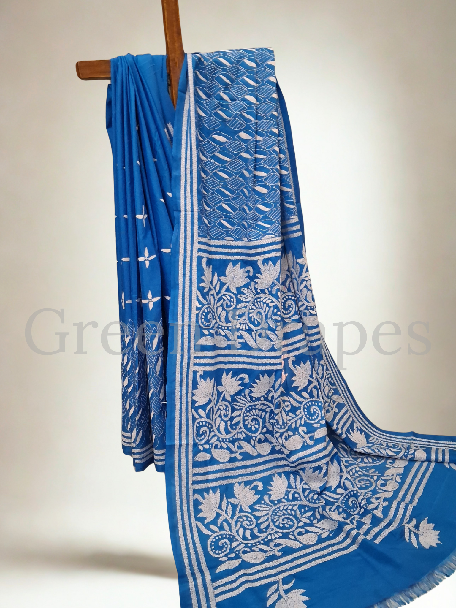 Blue Kantha Hand-Embroidered Saree (White Thread Work)