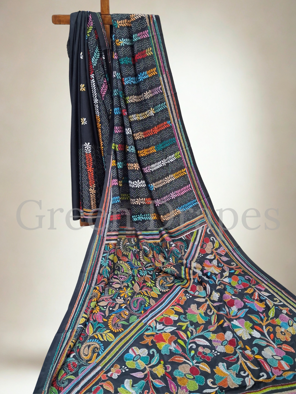 Kantha Style Multicolour Floral Vine Embroidered Art Silk Saree — Black Base
