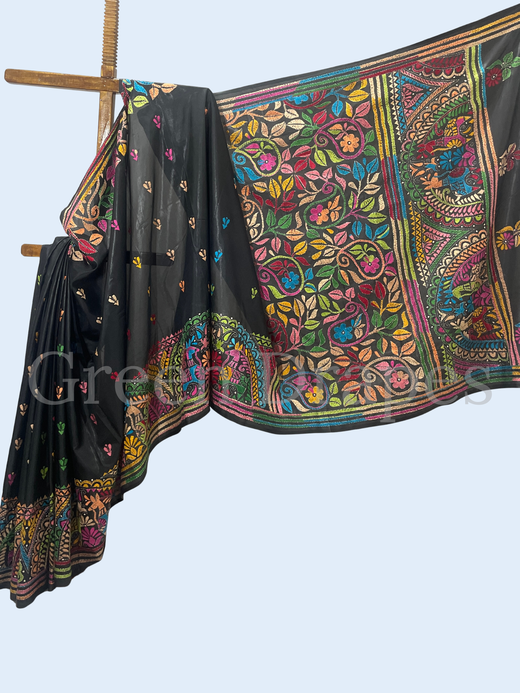 Hand Embroidered Black Kantha Stitch Silk Saree – Multicolour Folk & Floral Thread Work | Bengal Heritage Saree