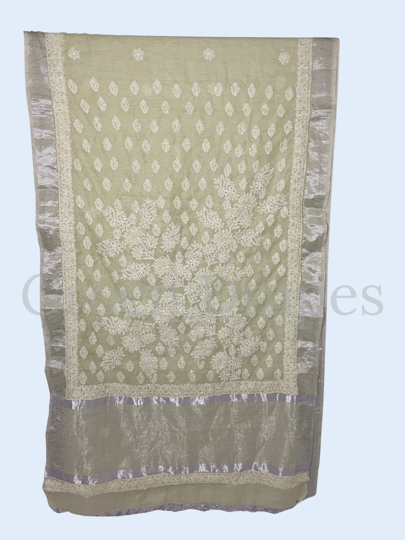 Handcrafted Sage Green Chikankari Organza Saree – White Floral Jaal Embroidery | Lucknowi Chikan Saree