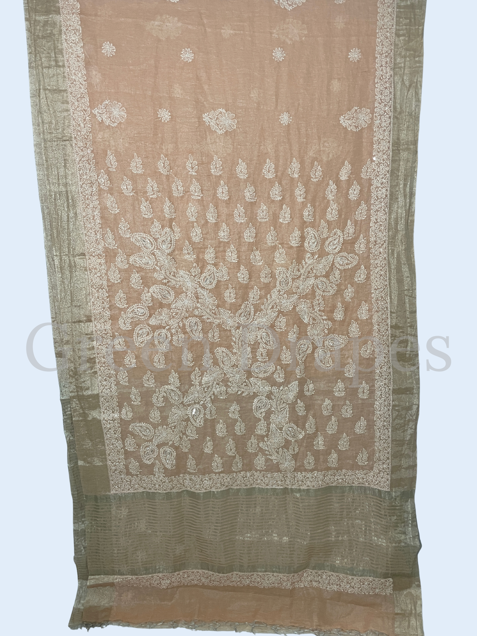 Handcrafted Nude Brown Chikankari Organza Saree – White Paisley & Floral Embroidery | Lucknowi Chikan Saree
