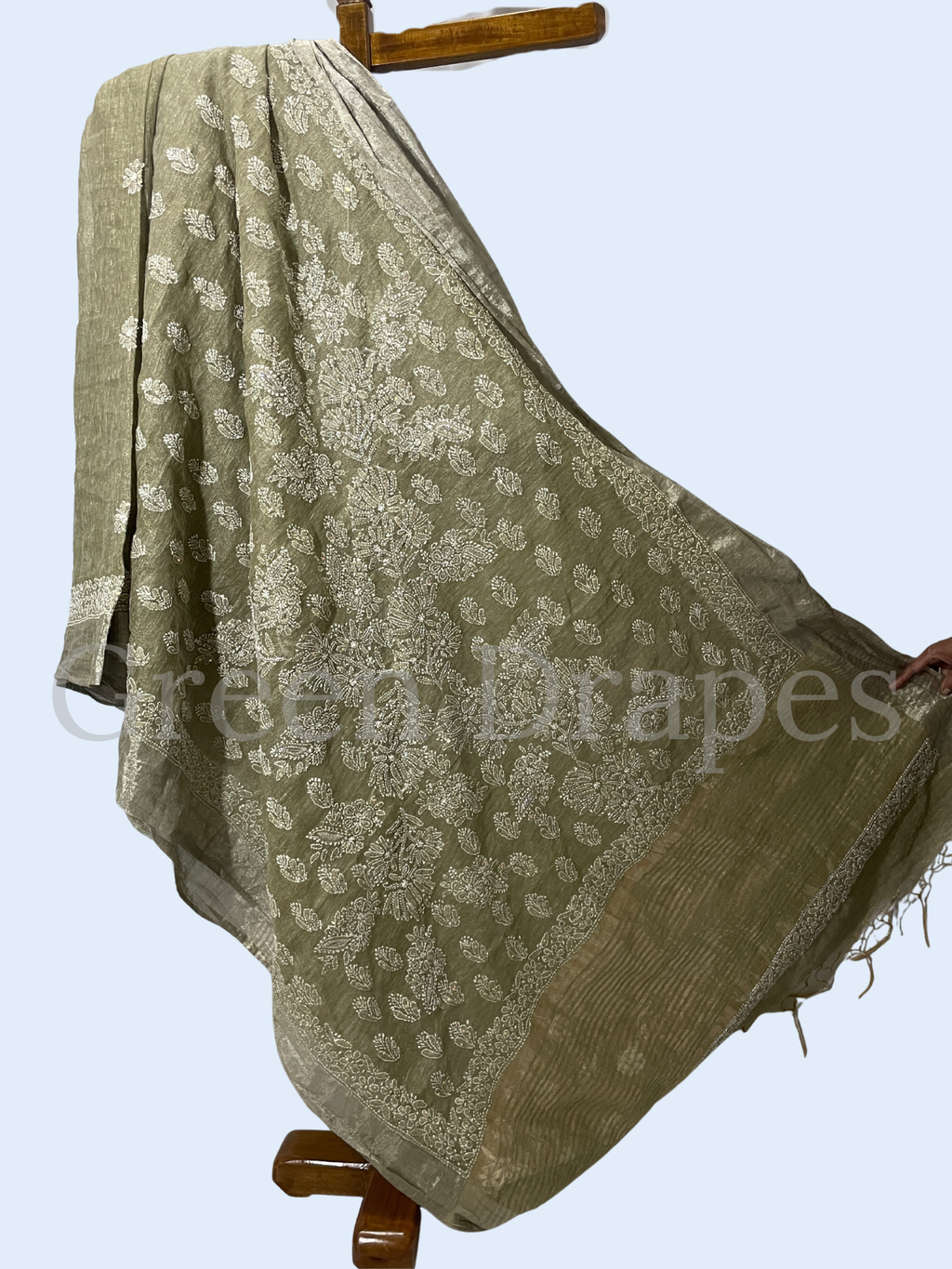 Handcrafted Beige Chikankari Organza Saree – White Thread Embroidery & Sequins Work | Lucknow Chikan Saree