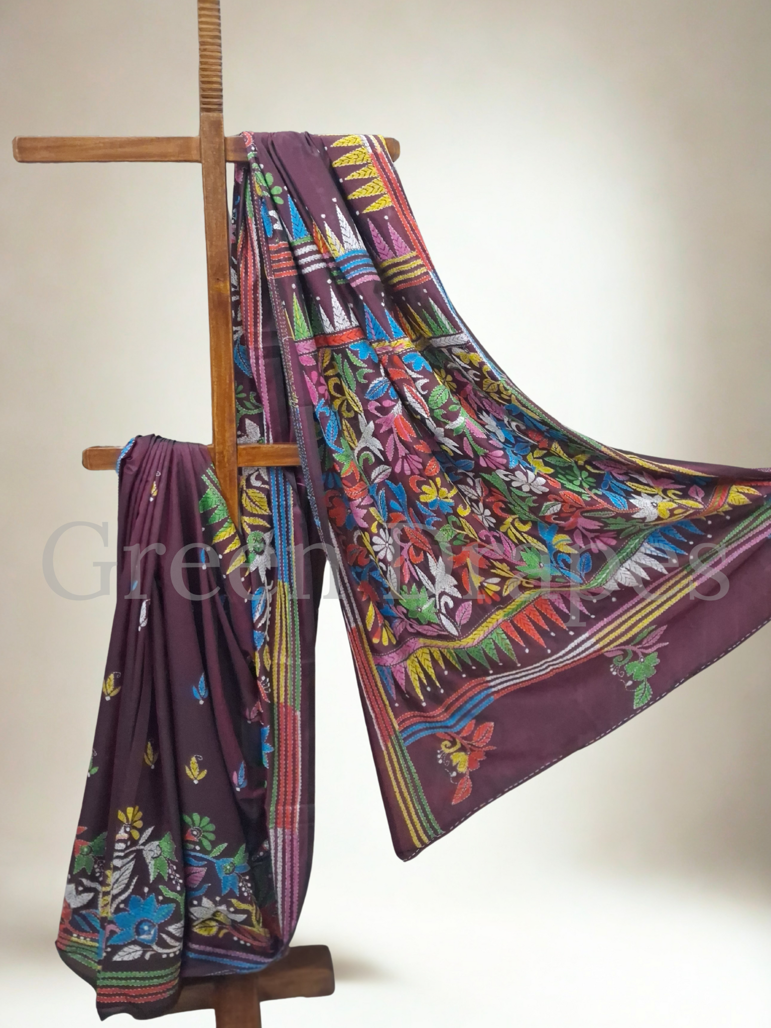 Handcrafted Kantha Saree with Multicolour Floral Embroidery — Wine / Plum Base