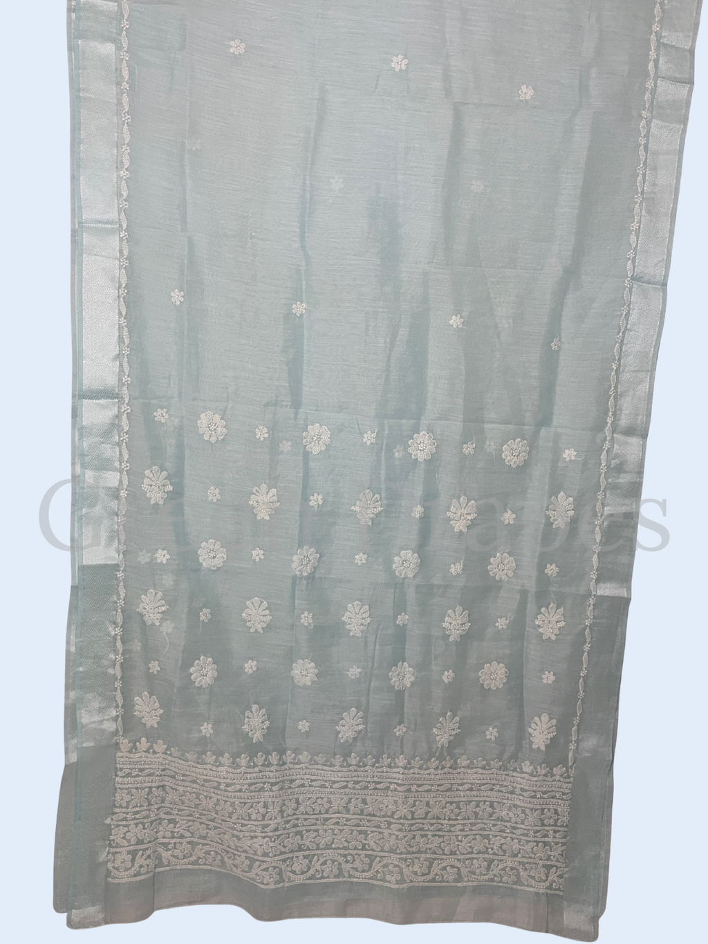Handcrafted Ice Blue Chikankari Organza Saree – White Floral Buti & Border Embroidery | Lucknowi Chikan Saree