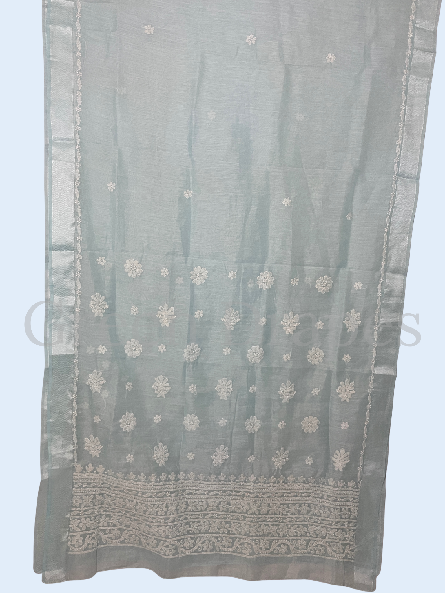Handcrafted Ice Blue Chikankari Organza Saree – White Floral Buti & Border Embroidery | Lucknowi Chikan Saree