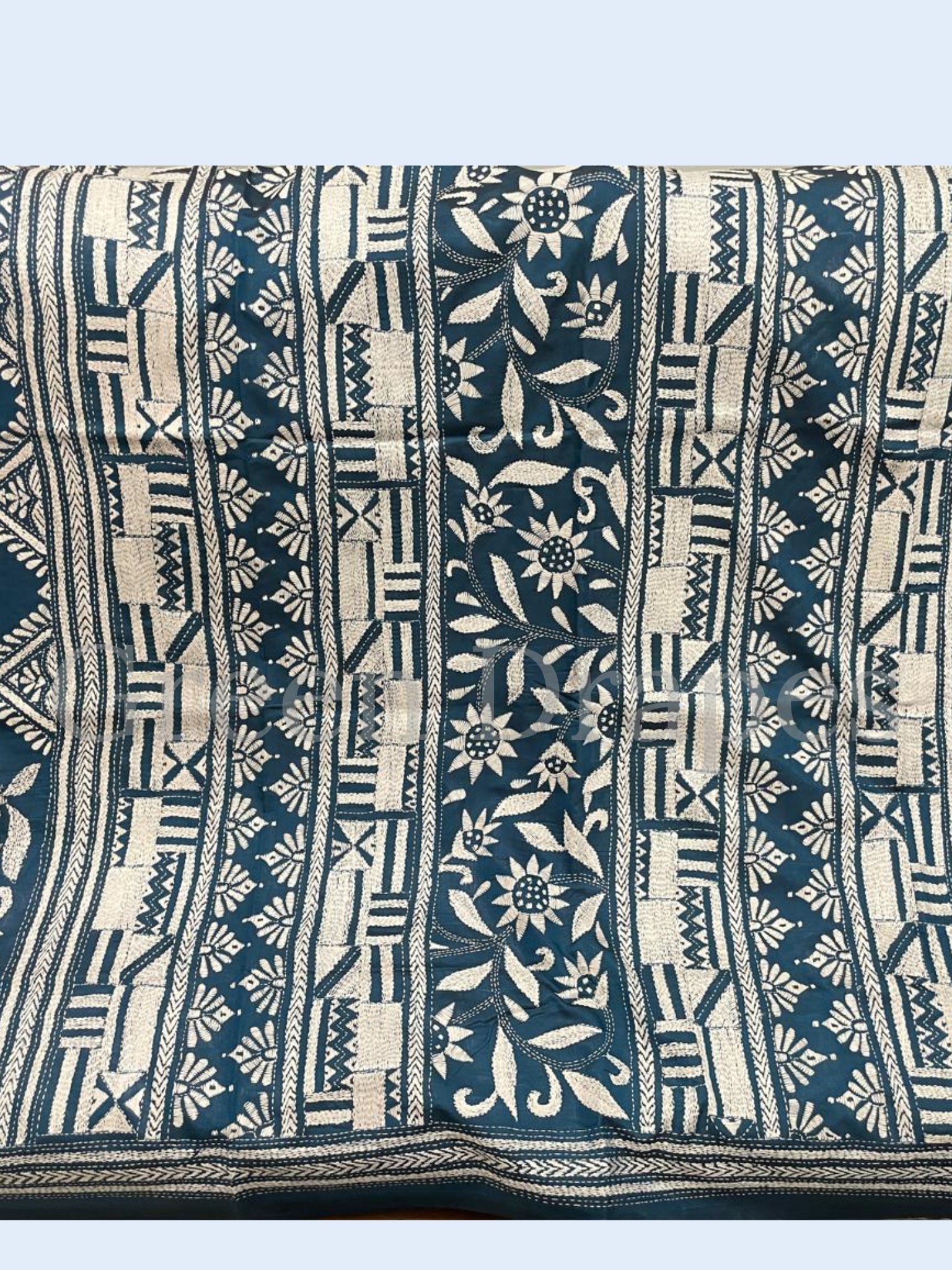 Hand Embroidered Teal Blue Kantha Stitch Silk Saree – Bengal Traditional Thread Work | Floral & Geometric Motifs