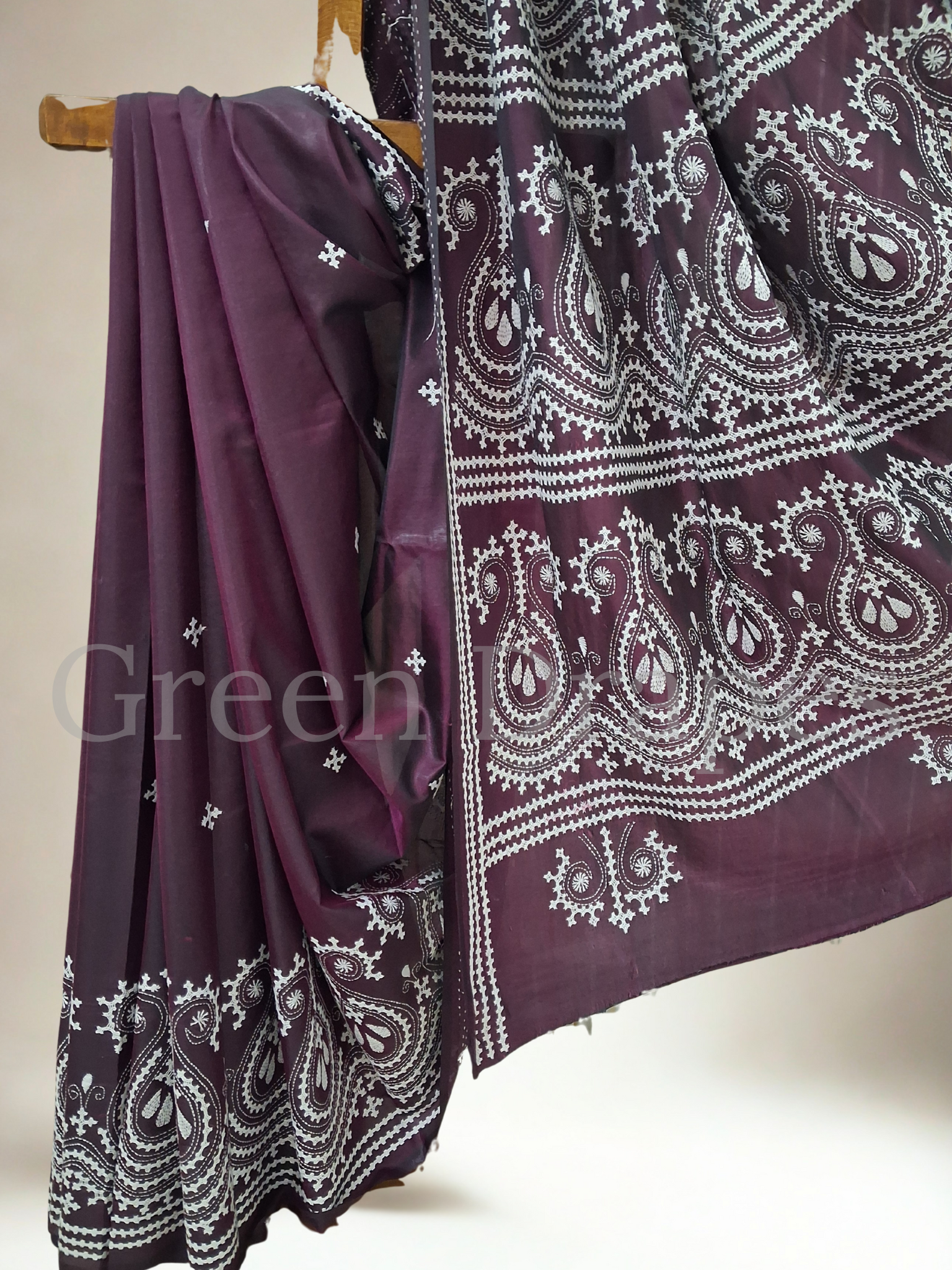 Gujarati Embroidered Blended Bangalore Silk Saree — Deep Wine Purple