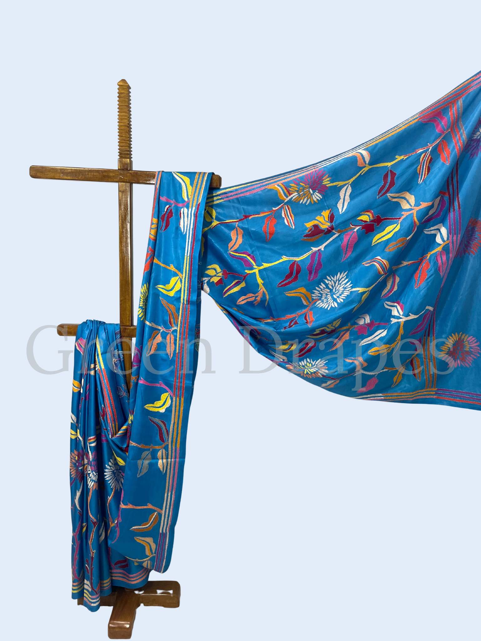 Hand Embroidered Royal Blue Kantha Stitch Silk Saree – Multicolour Floral Thread Work | Bengal Traditional Saree