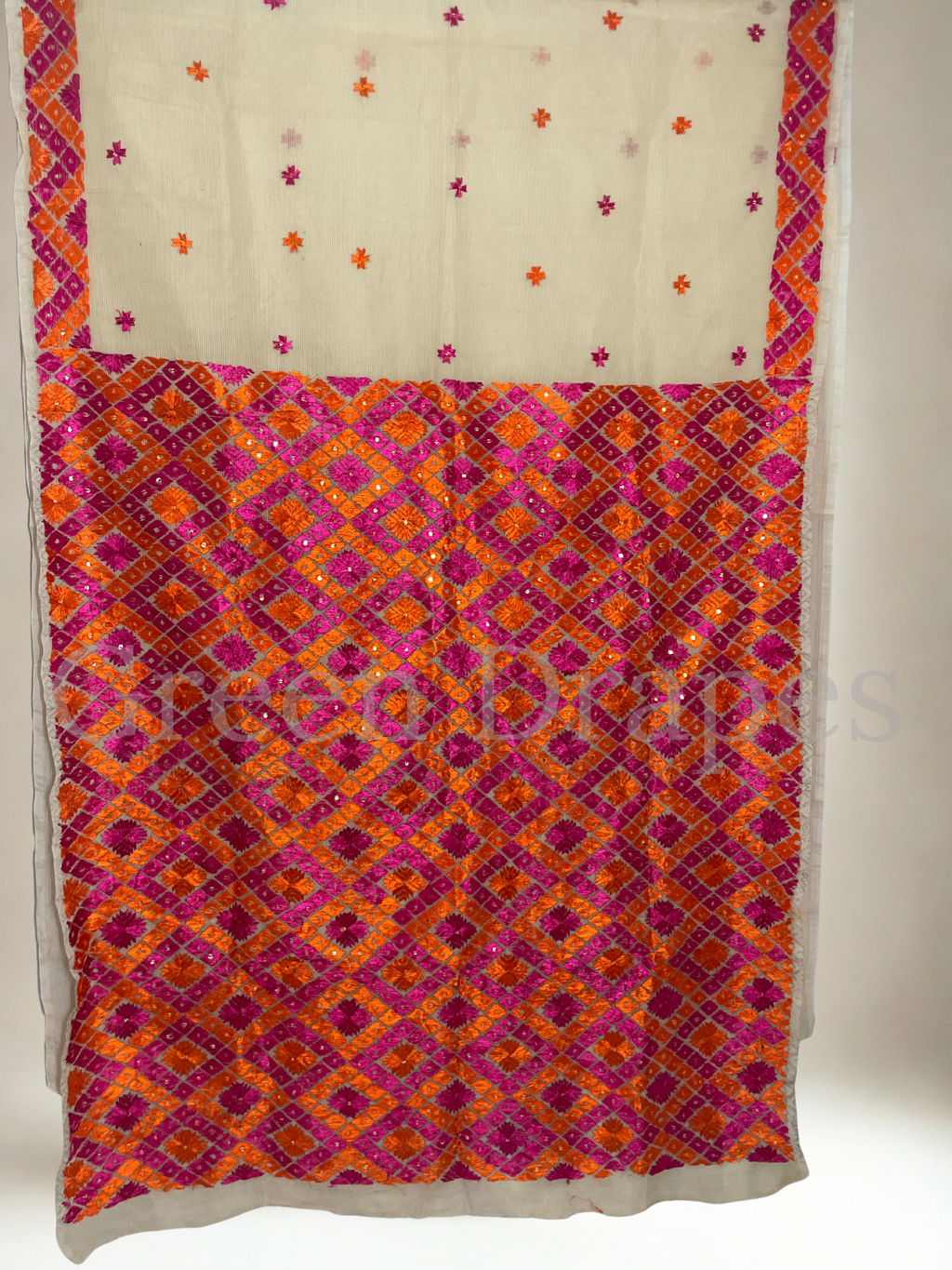 Ivory Kota Doria Saree with Pink–Orange Phulkari Embroidery | Festive & Wedding Wear