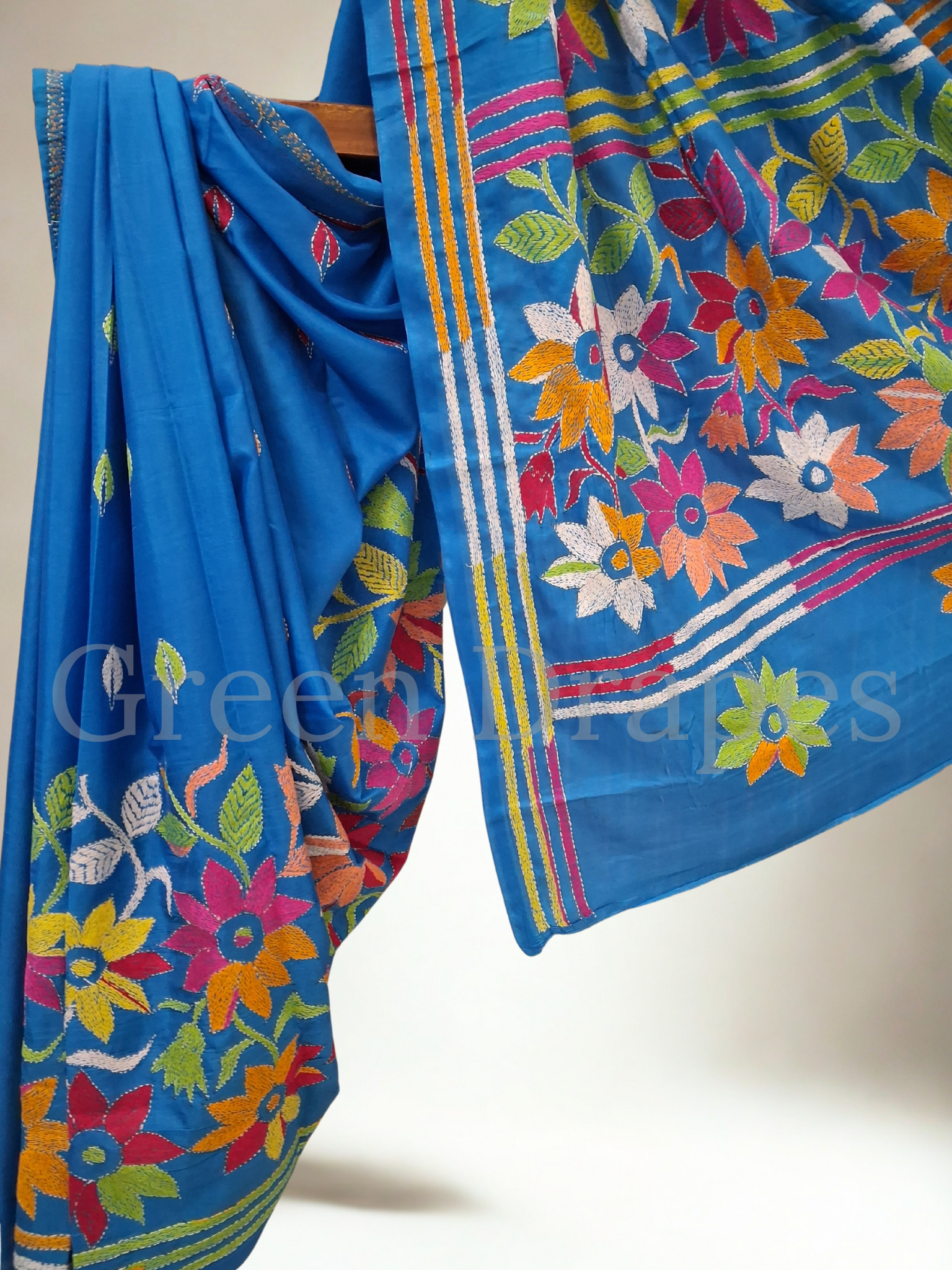Kantha Style Multicolour Floral Embroidered Art Silk Saree — Turquoise Blue